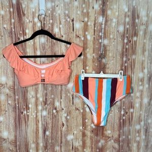 Cupshe NWT Two Piece Peach High Waisted Bikini with Stripes Size Medium